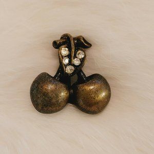 VINtage Cherry Rhinestone Metal Brooch Pin Small Figural‎ 3D Dainty 7142